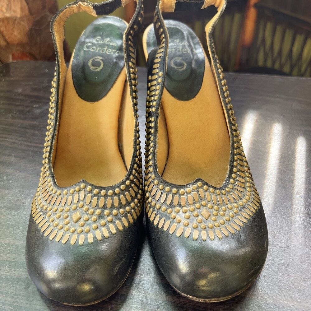 Women’s Calleen Cordero 9 M Sling back Heels Hand Tooled Black Leather Shoes
